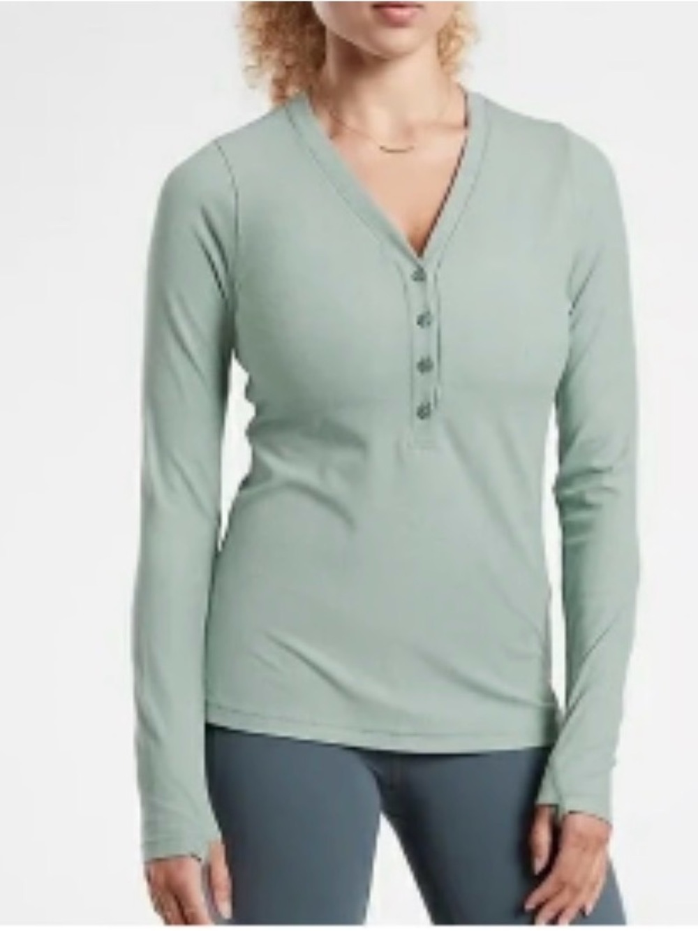 Athleta Uptempo Ribbed Henley Long-Sleeve V-Neck in Sage Green